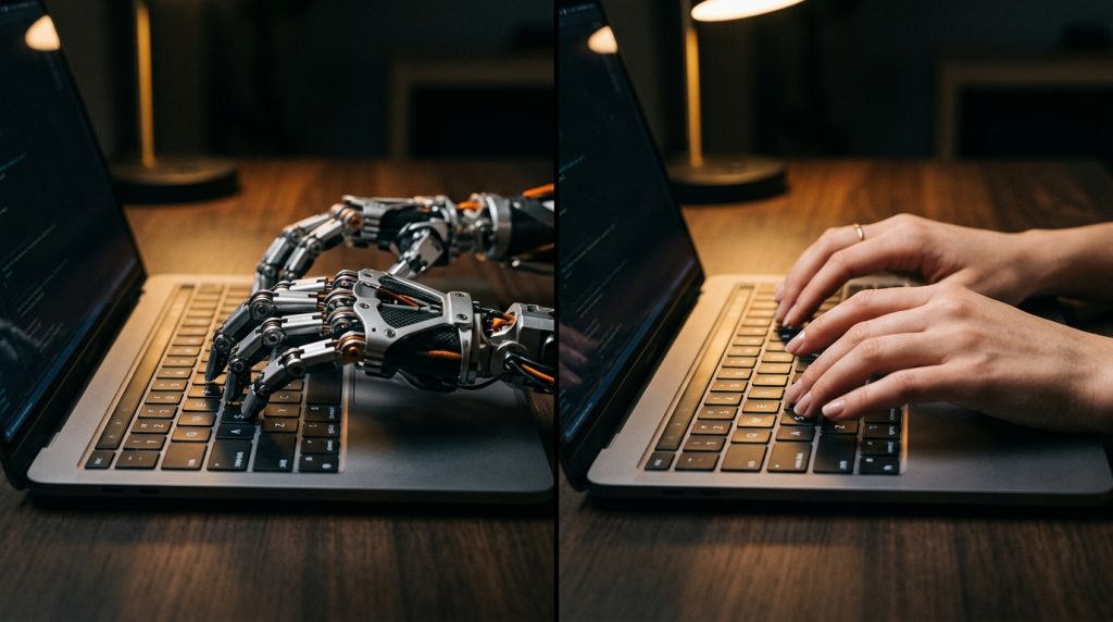 will AI replace website developers in 2026 robot hand human hand